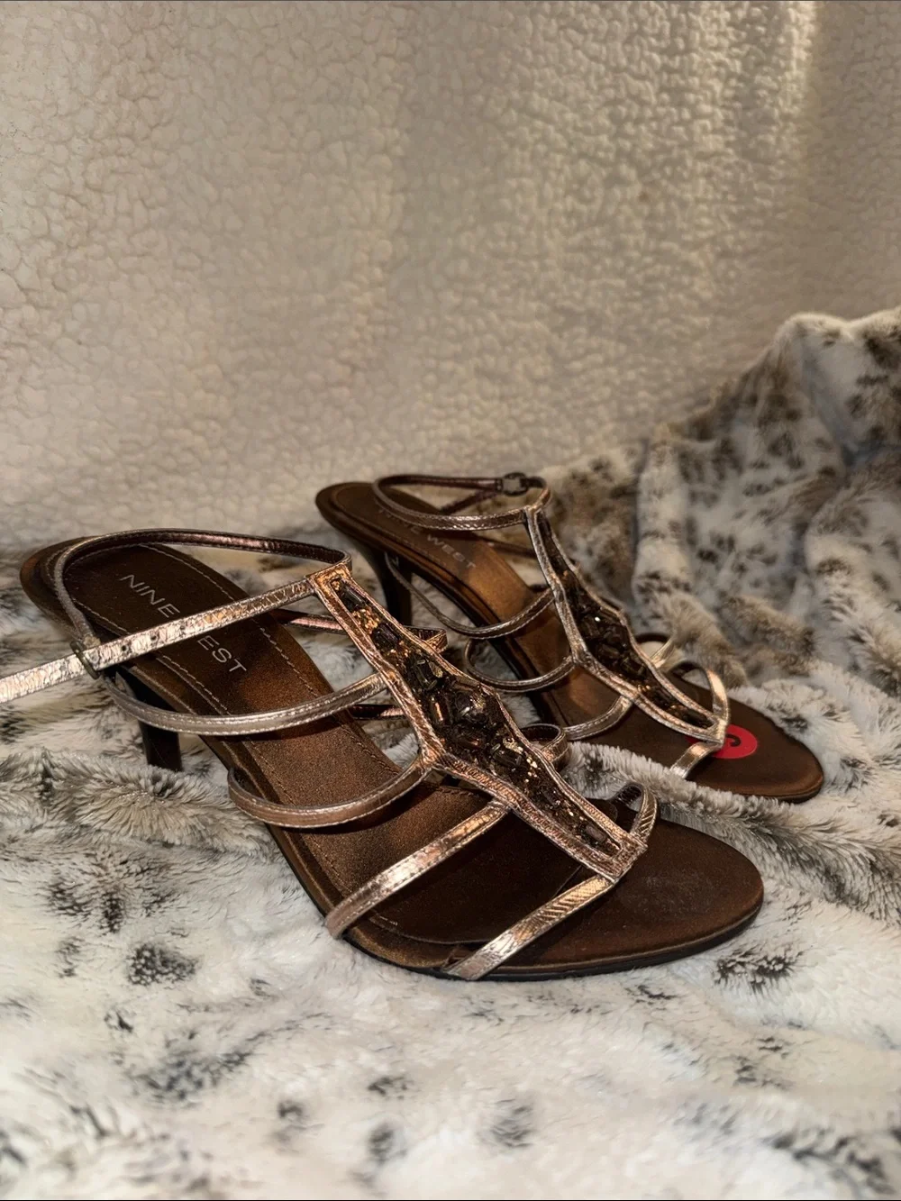 VINTAGE Nine West Bronze Embellished Strappy Heels